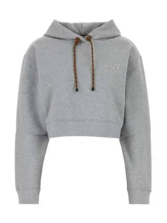 Logo Drawstring Crop Cotton Hoodie Grey - MIU MIU - BALAAN 2