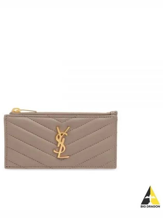 Monogram Logo Plaque Zip-Up Card Wallet Dusty Grey - SAINT LAURENT - BALAAN 2