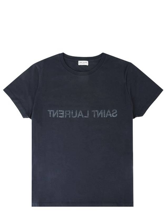 Reverse Logo Print Cotton Short Sleeve T-Shirt Navy - SAINT LAURENT - BALAAN 2