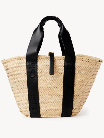 Sense Medium Raffia Basket Tote Bag Beige Black - CHLOE - BALAAN 2