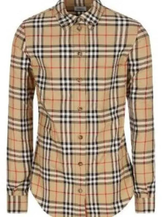 Button Down Collar Vintage Check Stretch Cotton Long Sleeve Shirt Beige - BURBERRY - BALAAN 2