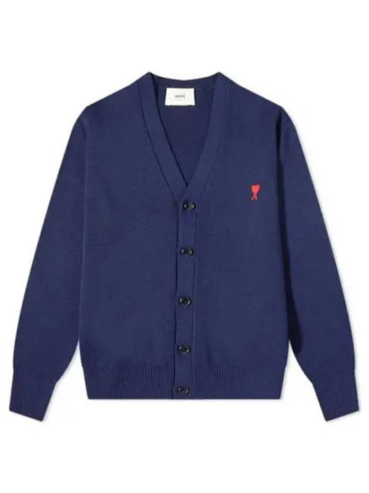 Small Heart Logo Wool Cardigan Navy - AMI - BALAAN 2