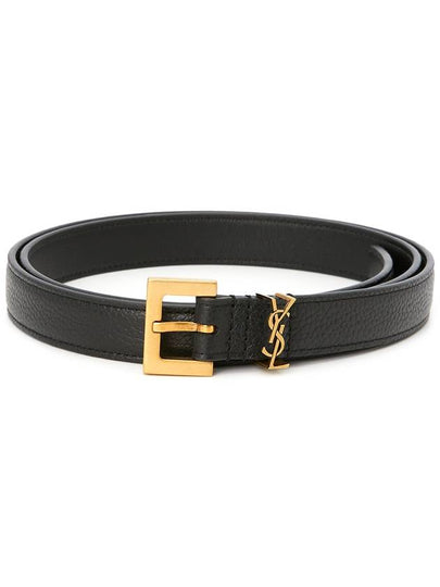 Cassandre Grained Leather Square Buckle Thin Belt Black - SAINT LAURENT - BALAAN 2