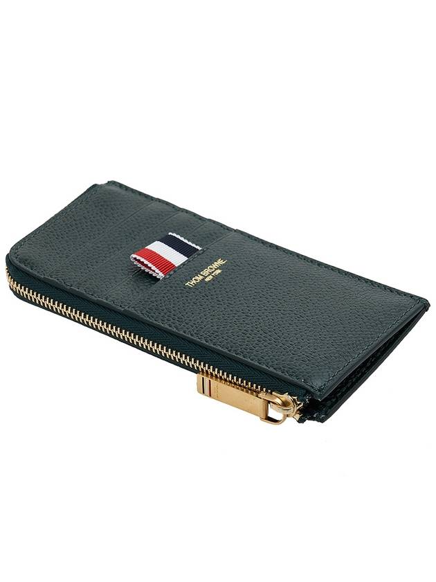 Stripe Zip Around Pebble Grain Leather Card Wallet Dark Green - THOM BROWNE - BALAAN 5