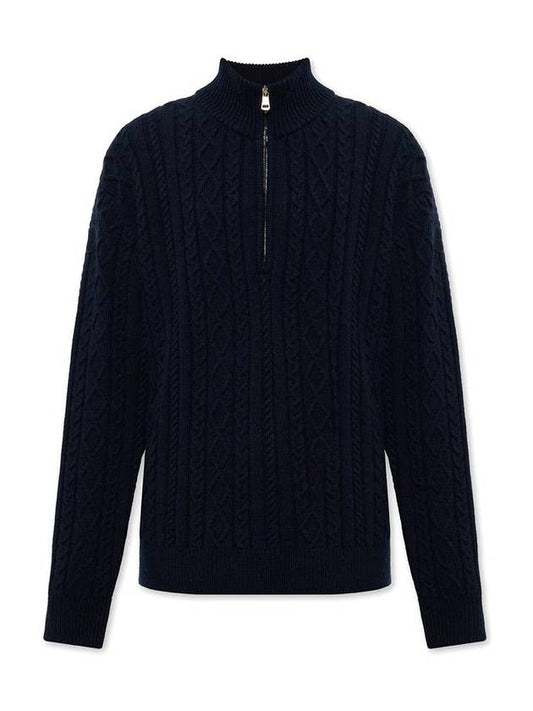 zip-up half neck wool knit top navy - MONCLER - BALAAN.
