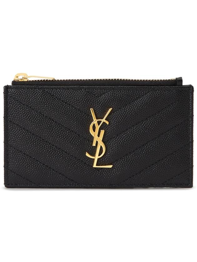 Gold Monogram Fragments Zipped Grain de Poudre Embossed Leather Card Case Black - SAINT LAURENT - BALAAN 3