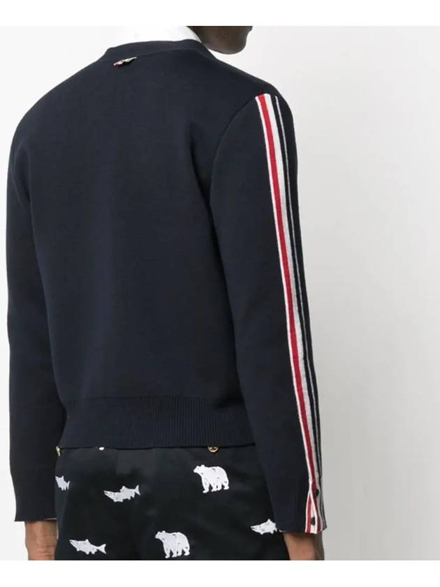 Men's Navy Side Intarsia Milano Stitch Wool Cardigan Navy - THOM BROWNE - BALAAN 3