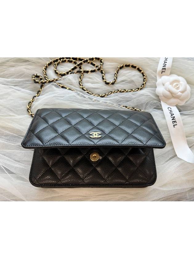 Classic Wallet On Chain Crossbody Bag Grained Calfskin Gold Black - CHANEL - BALAAN 4