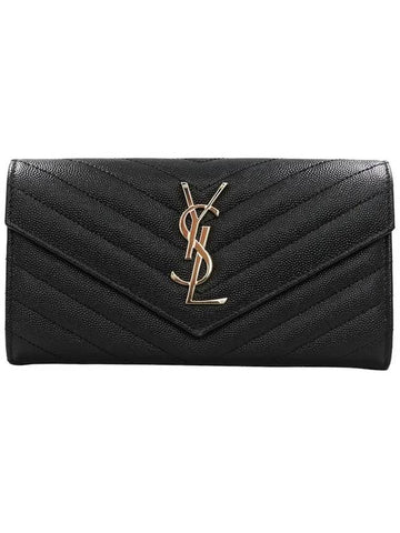 Matelasse Monogram Quilting Leather Flap Long Wallet Black - SAINT LAURENT - BALAAN 1