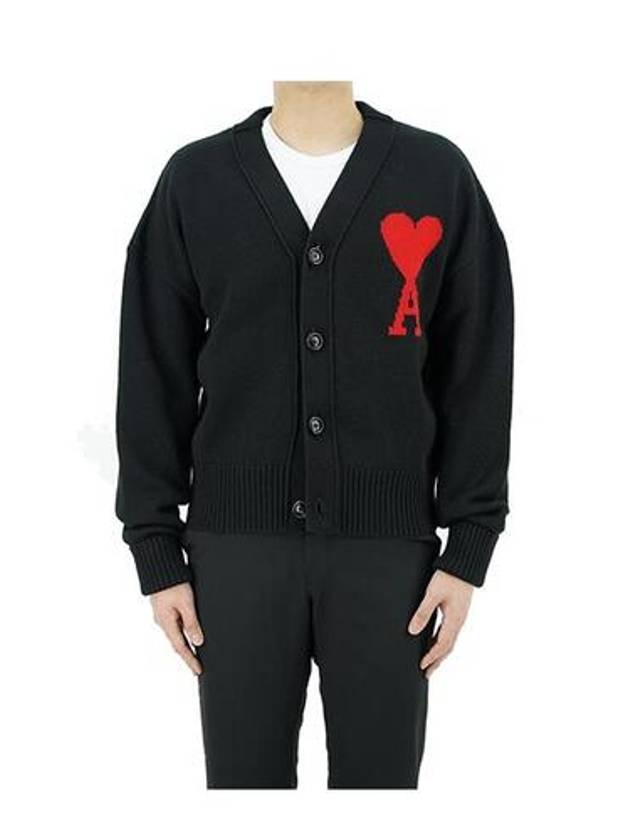 Intarsia Big Heart Logo Oversized Virgin Wool Cardigan Black - AMI - BALAAN 4