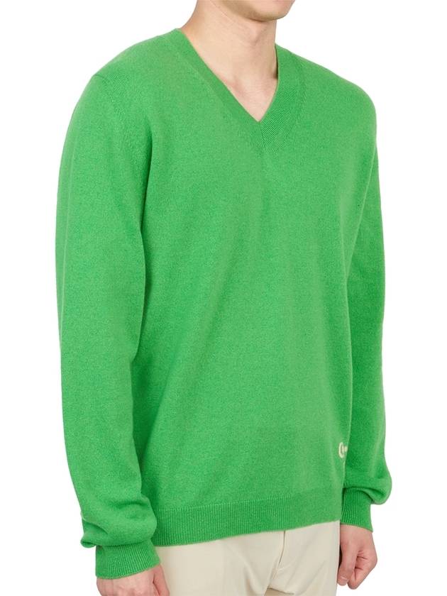 Men's Cashmere Embroidered Logo V-Neck Knit Top Green - GUCCI - BALAAN 4