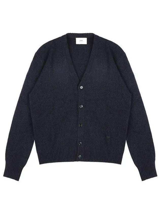 Heart Logo V Neck Cashmere Cardigan Navy - AMI - BALAAN 2