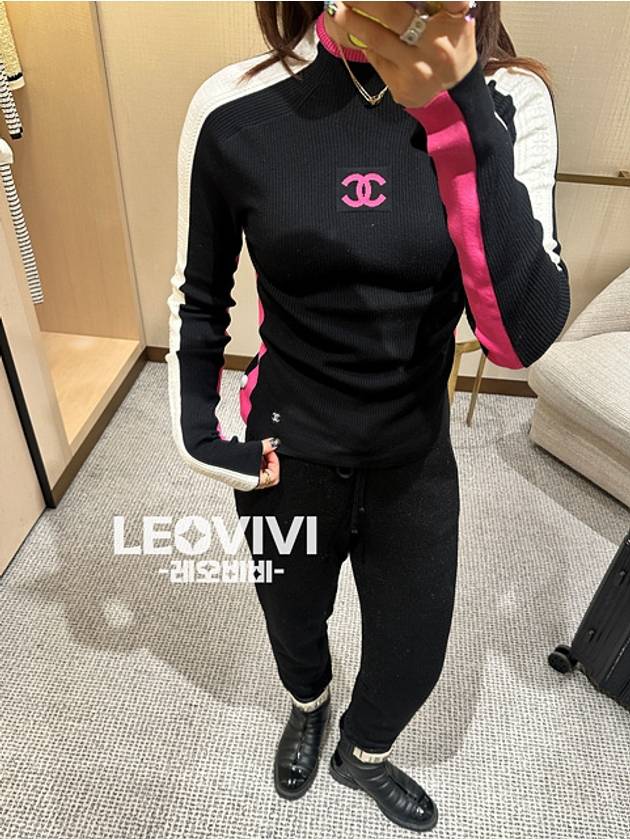 Coconeju CC Logo Long Sleeve Black Pink Wool Knit Top Pullover 36 P74366 - CHANEL - BALAAN 9