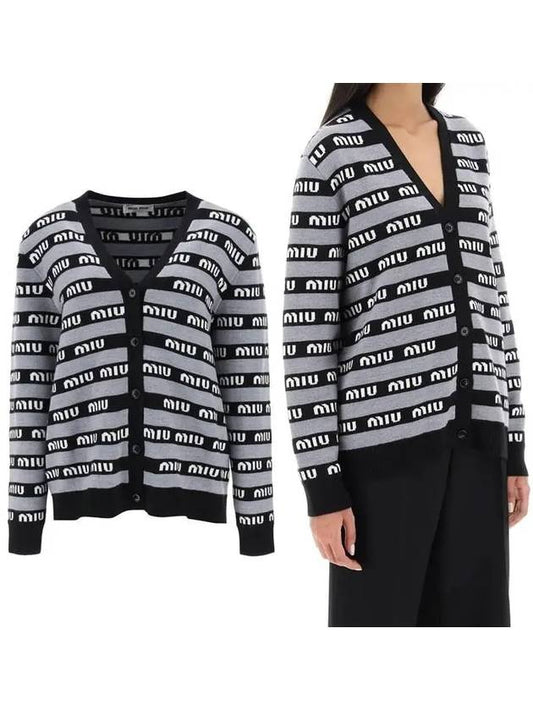 Logo Striped Wool Cardigan Black - MIU MIU - BALAAN 2