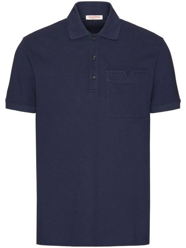 Topstitch V Detail Cotton Pique Polo Shirt Navy - VALENTINO - BALAAN 1