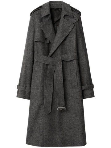 Double Breasted Belt Long Wool Trench Coat Grey Melange - BURBERRY - BALAAN 1