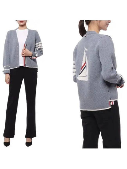 Women's Fine Merino Jersey Sailboat 4 Bar Boxy V Neck Cardigan Dark Blue - THOM BROWNE - BALAAN 2