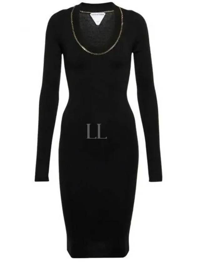 Gold Chain Detail Cashmere Long Sleeve Midi Dress Black - BOTTEGA VENETA - BALAAN 2