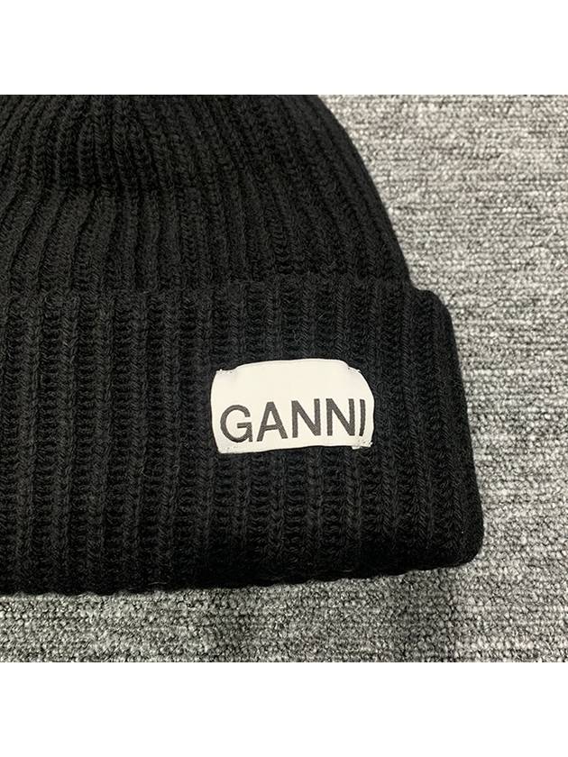 Logo Patch Knit Beanie Black - GANNI - BALAAN 4