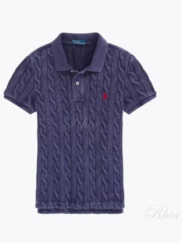 Slim Fit Cable Knit Polo Shirt Navy - POLO RALPH LAUREN - BALAAN 2