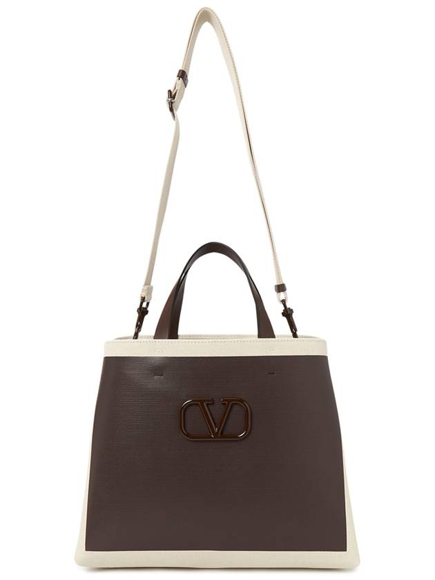 Signature V Logo Canvas Leather Tote Bag Brown - VALENTINO - BALAAN 8