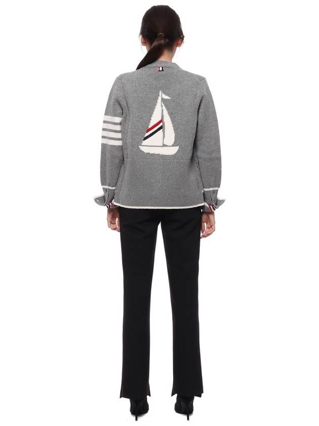 Women's Fine Merino Jersey Sailboat 4 Bar Boxy V Neck Cardigan Light Grey - THOM BROWNE - BALAAN 6