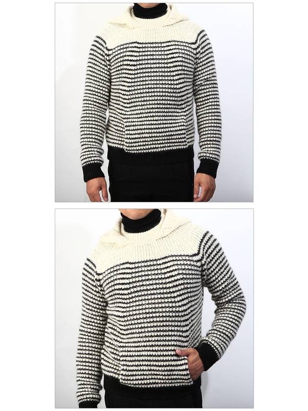 Striped Hooded Wool Knit Top Black Ivory - SAINT LAURENT - BALAAN 3