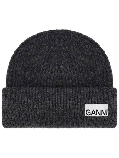 Logo Label Rib Knit Wool Beanie Dark Grey - GANNI - BALAAN 2