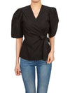 Organic Cotton Wrap Short Sleeve Blouse Black - GANNI - BALAAN 6