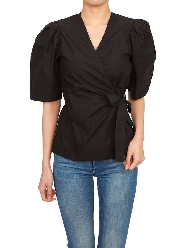 Organic Cotton Wrap Short Sleeve Blouse Black - GANNI - BALAAN 6