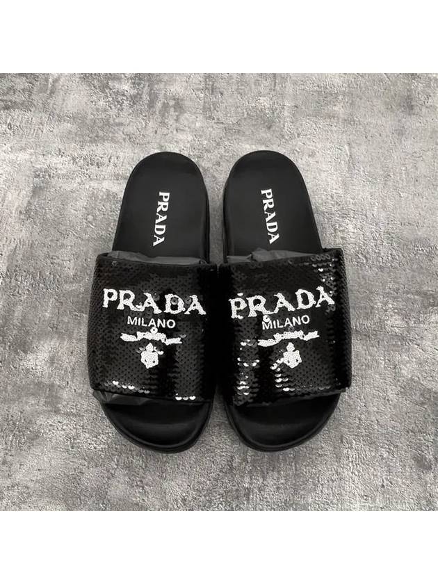 Logo Sequin Rubber Sole Slippers Black - PRADA - BALAAN 5