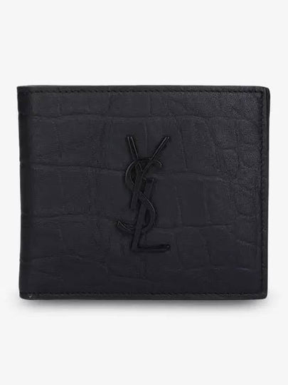 Men's Monogram Crocodile Leather Half Wallet Black - SAINT LAURENT - BALAAN 2