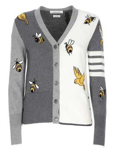 Women 4 Bar Stripe Bird Bee Cotton Wool Cardigan Grey White - THOM BROWNE - BALAAN 1