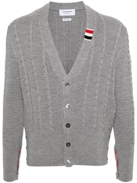 Cable Knitwear Virgin Wool Cardigan Grey - THOM BROWNE - BALAAN 1
