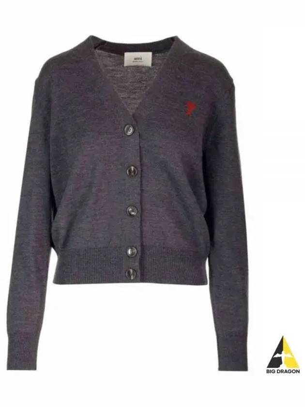 Heart Logo Wool Cardigan Heather Grey - AMI - BALAAN 2