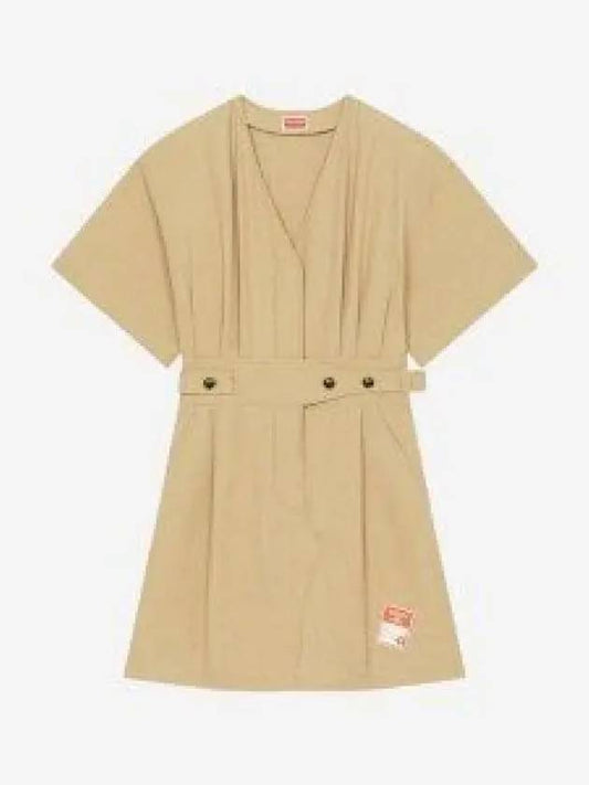 V-neck Shirt Belt Cotton Short Dress Beige - KENZO - BALAAN 2