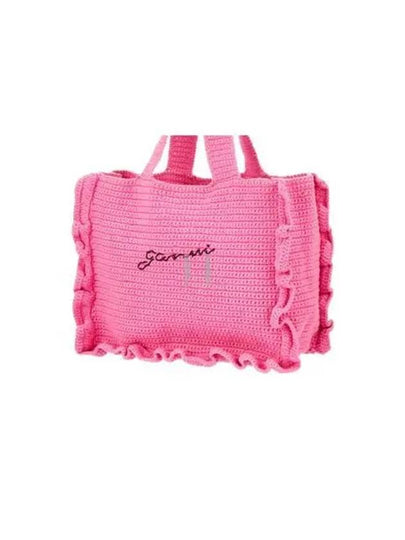 Women's Crochet Ruffle Embroidered Logo Cotton Tote Bag Shocking Pink - GANNI - BALAAN 2