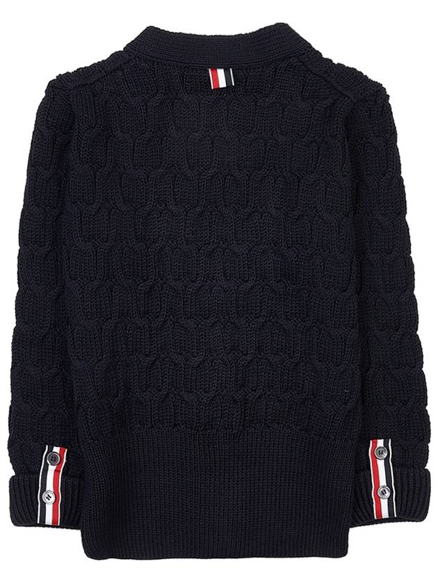 Merino Wool Crisscross Cable Stitch 3/4 Sleeve V-Neck Cardigan Navy - THOM BROWNE - BALAAN 4