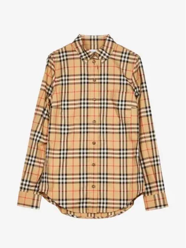 Button Down Collar Vintage Check Stretch Cotton Long Sleeve Shirt Beige - BURBERRY - BALAAN 3