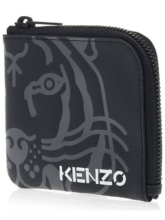 Tiger Logo Zipper Leather Card Wallet Black - KENZO - BALAAN 3