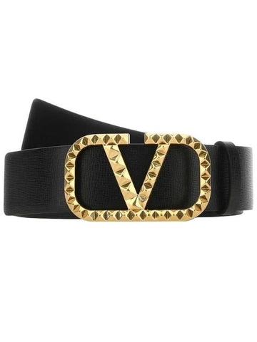 V Logo Gold Leather Belt Black - VALENTINO - BALAAN 1