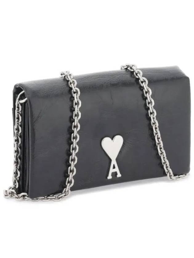 Heart Logo Plaque Leather Chain Long Wallet Black - AMI - BALAAN 3