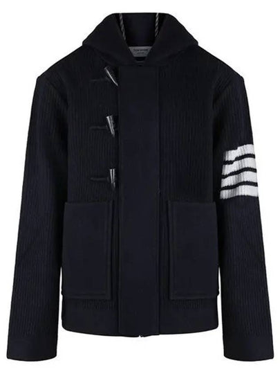 Boiled Wool Half Cardigan Stitched Hooded 4 Bar Double Jacket Navy - THOM BROWNE - BALAAN 2