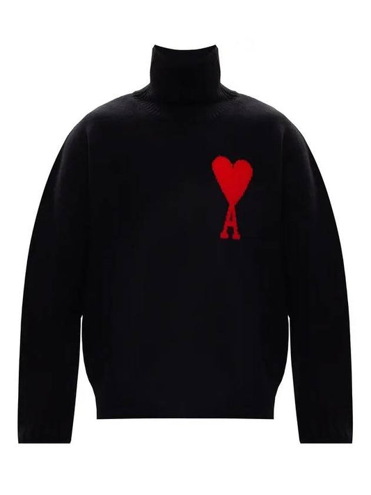 Big Heart Logo Wool Turtleneck Black - AMI - BALAAN.