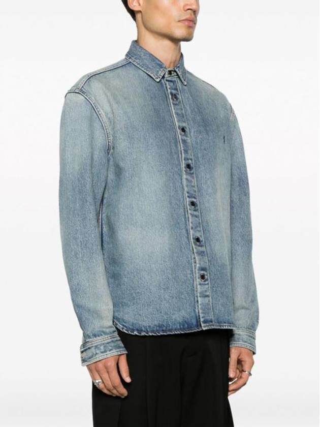 Men's Cassandre Logo Denim Long Sleeve Shirt Blue - SAINT LAURENT - BALAAN 5