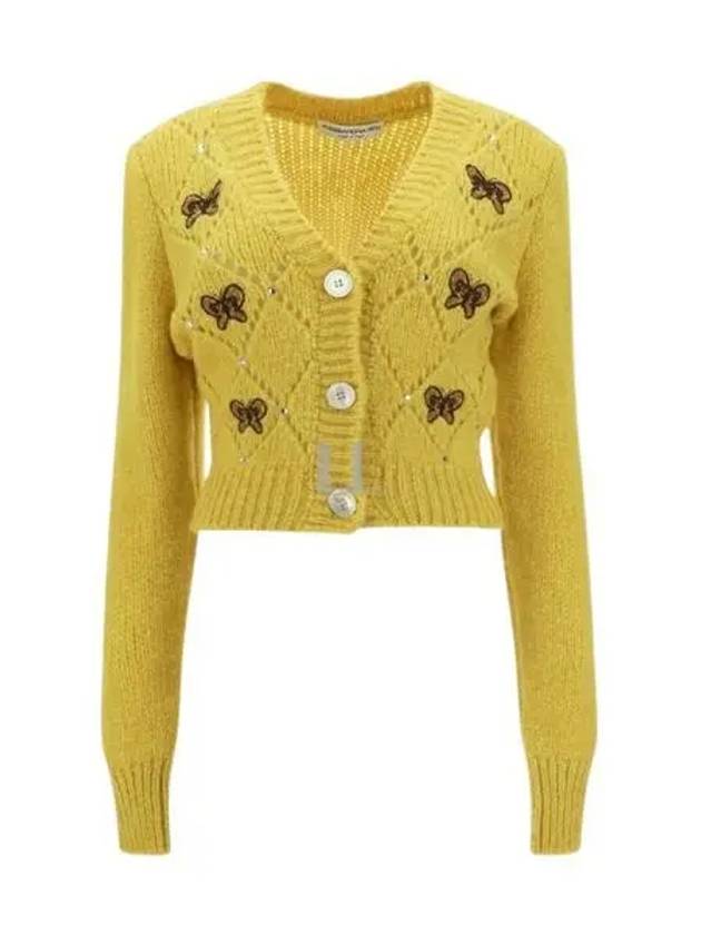 Embroidered Butterfly Pointel Alpaca Cardigan Yellow - ALESSANDRA RICH - BALAAN 2