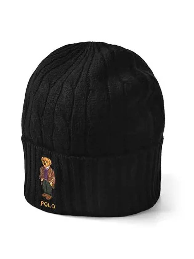 Polo Bear Cable Knit Wool Beanie Black - POLO RALPH LAUREN - BALAAN 4