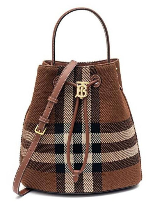 TB Small Knit Check Leather Bucket Bag Dark Birch Brown - BURBERRY - BALAAN 2