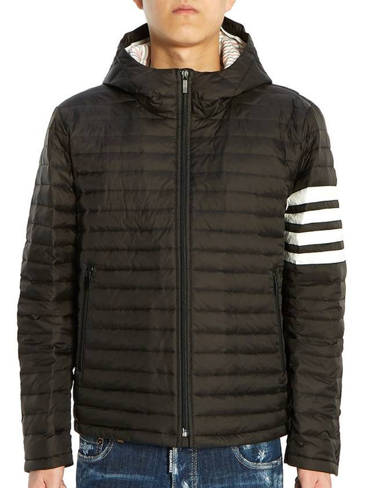 Matte Nylon 4-Bar Stripe Downfill Quilted Hoodie Padding Black - THOM BROWNE - BALAAN 2