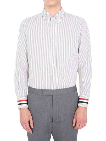 Three Stripes Grosgrain Cuff Striped Seersucker Long Sleeve Shirt Medium Grey - THOM BROWNE - BALAAN 2